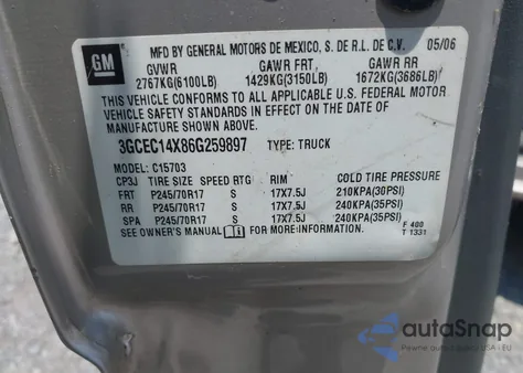 2006 Chevrolet Silverado 1500 Work Truck z USA, uszkodzony, nr VIN 3GCEC14X86G259897